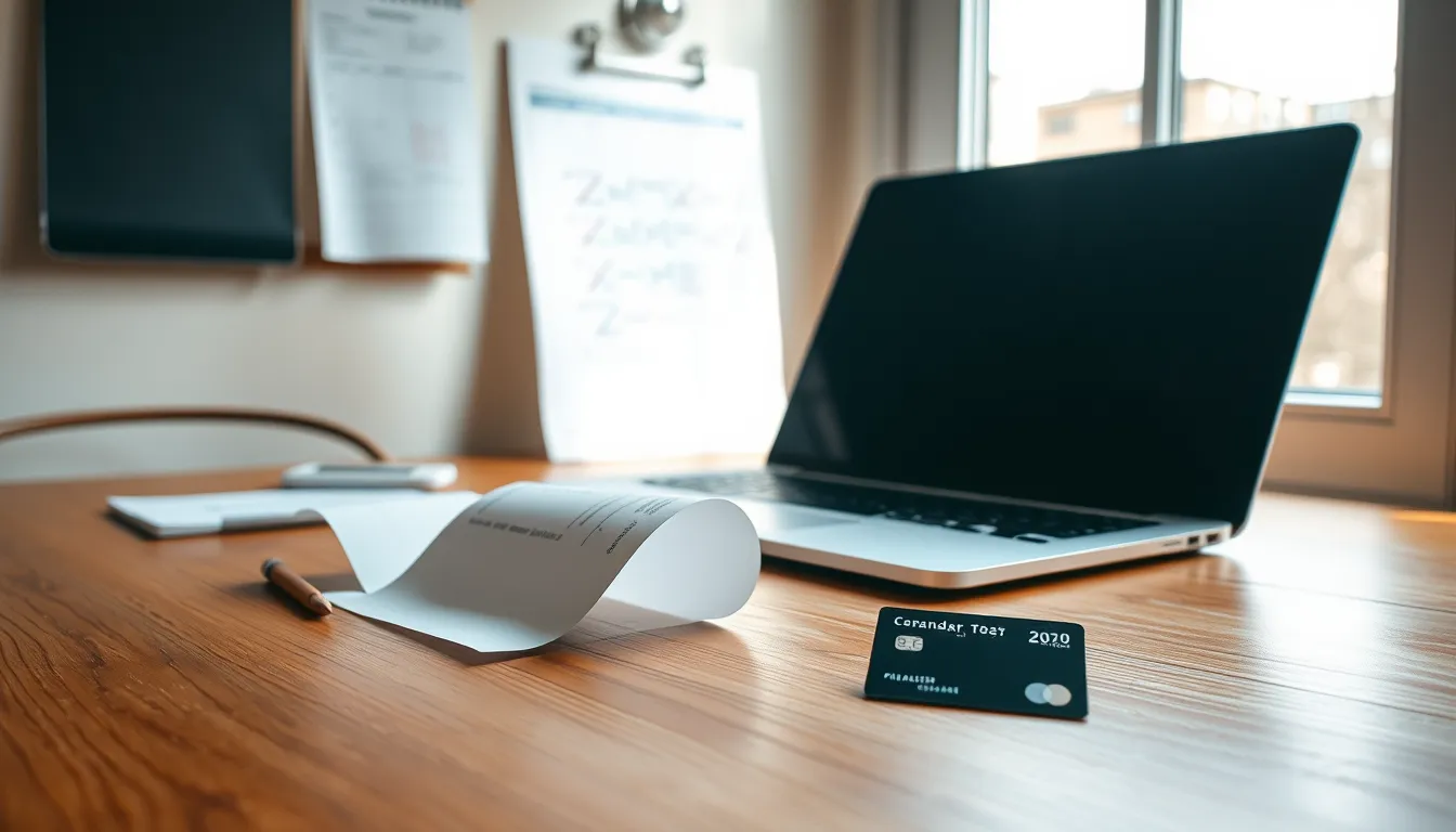 Receipt, calendar and unmarked bank card resting on a sunlit wooden desk